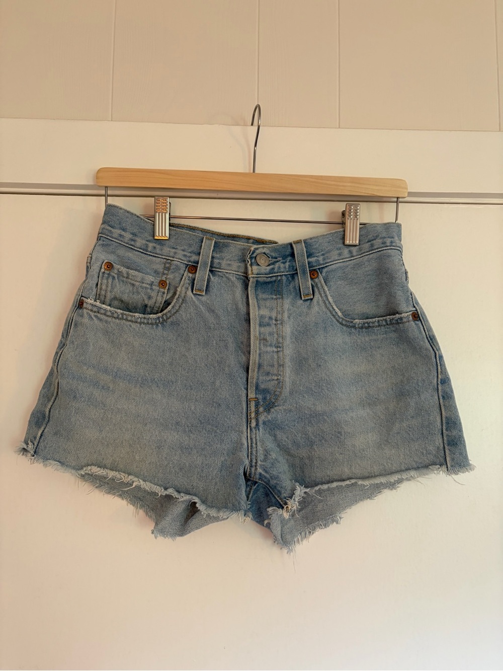 Levi's Light Blue Frayed Hem Denim Shorts
